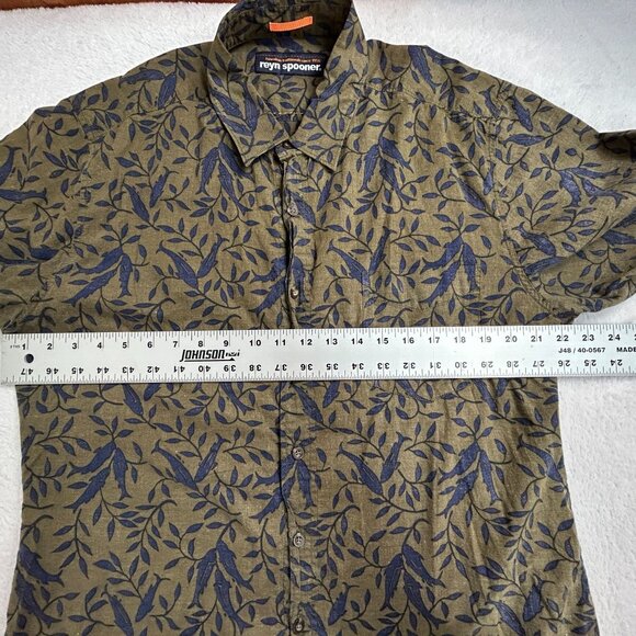 Reyn Spooner Mens Button Up Hawaiian Shirt Large Leaf Print Green/Blue Cotton - Picture 6 of 7